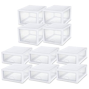 Sterilite 27 Quart (4 Pack) and 16 Quart (6 Pack) Stackable Clear Plastic Storage Drawer Containers for Home and Office Organization, White