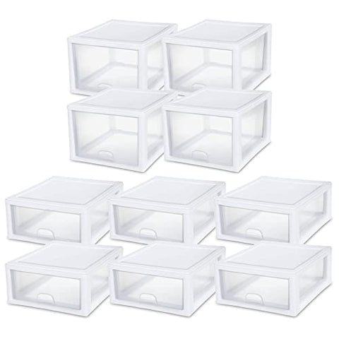 Sterilite 27 Quart (4 Pack) and 16 Quart (6 Pack) Stackable Clear Plastic Storage Drawer Containers for Home and Office Organization, White