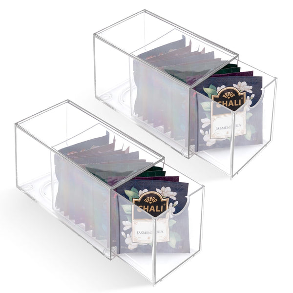 Mevtok 2 Pack Tea Bag Drawers Organizer, Clear Plastic Stackable Tea Bag Storage Holder for Kitchen - 3" x 6.5" x 3.9"