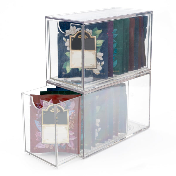 Mevtok 2 Pack Tea Bag Drawers Organizer, Clear Plastic Stackable Tea Bag Storage Holder for Kitchen - 3" x 6.5" x 3.9"