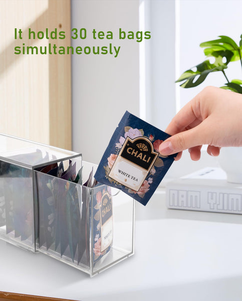 Mevtok 2 Pack Tea Bag Drawers Organizer, Clear Plastic Stackable Tea Bag Storage Holder for Kitchen - 3" x 6.5" x 3.9"