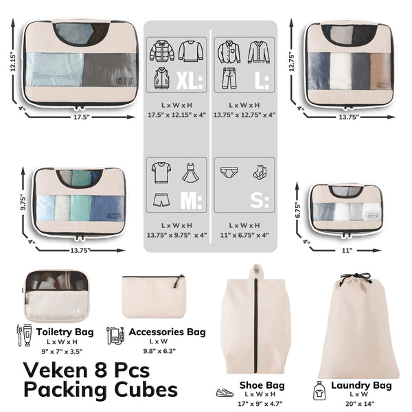 Veken 8 Set Packing Cubes for Suitcases, Luggage Organizer Bags Set for Carry on, Travel Gifts for Mom, Travel Essentials for Women, Travel Accessories in 4 Sizes(Extra Large, Large, Medium, Small)