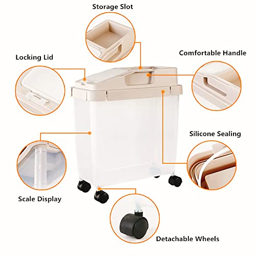 Wioihee Large Airtight 20Lb Rice Container, Food Storage Cereal Container,  Pet Food Container with Wheels + Measuring Cup, Flour Grain Container for