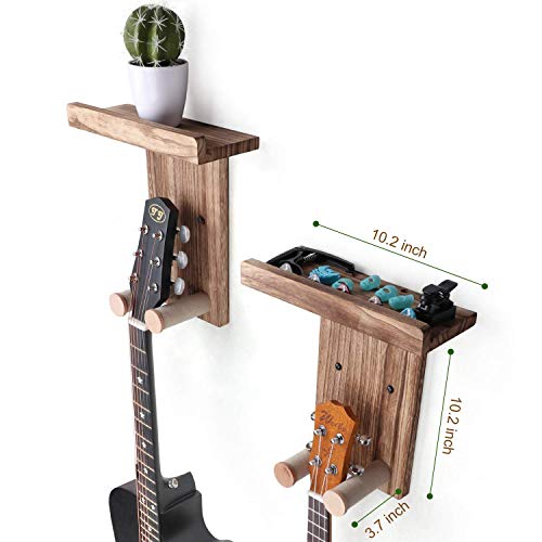 Keebofly Guitar Wall Hanger,2 Pack Guitar Wall Mount Holder Guitar Hanger Shelf with Pick Holder Wood Guitar Rack for Acoustic or Electric Guitar,Ukulele,Bass,Mandolin Brown,[Patented]