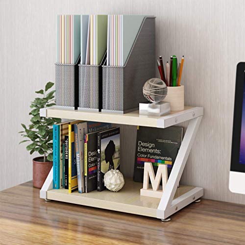 Desktop Stand for Printer - Desktop Shelf with Anti - Skid Pads for Space Organizer as Storage Shelf, Book Shelf, Double Tier Tray with Hardware & Steel by HUANUO (Light Wood) -HNWPS