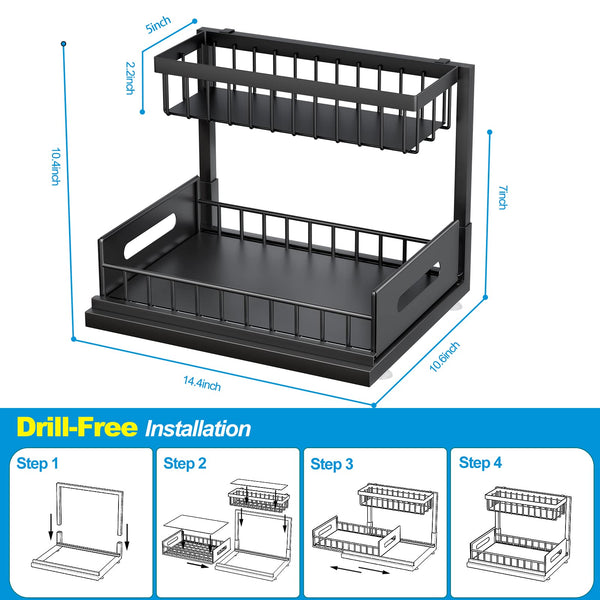 Solidhouse Under Sink Organizer, 2-Tier Under Kitchen Bathroom Sink Organizers and Storage No Drilling Rustproof Stainless Steel Pull Out Shelf for Kitchen Bathroom